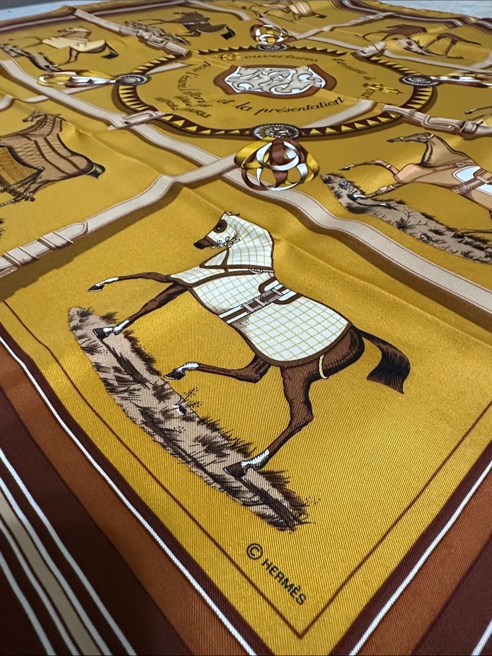 Hermès Paris Gold & Brown Equestrian Silk Scarf - Picture 7 of 10